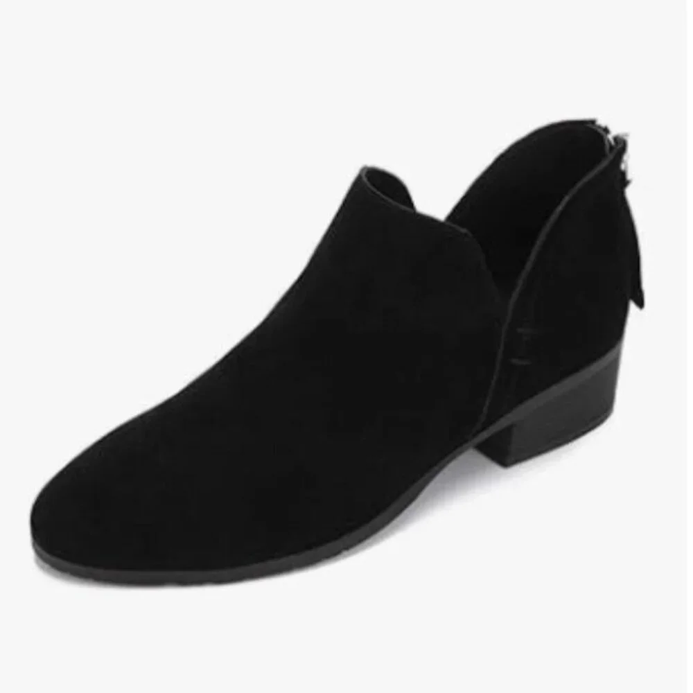 YDN Black Almond Toe Block Low Heel Ankle Bootie Classic V Cut Back Zippers Shoe